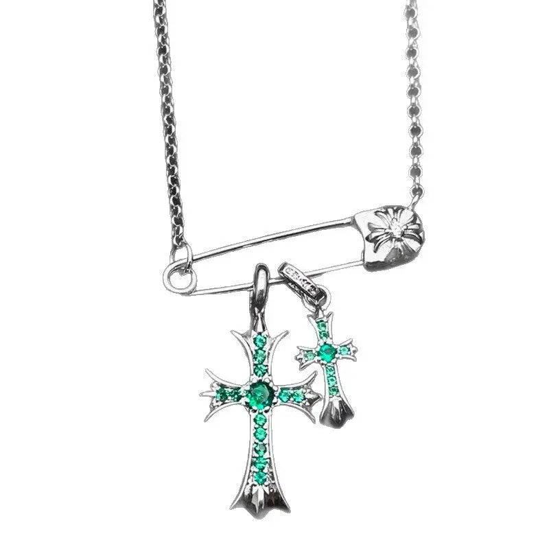 925 Silver Plated White Gold Rhinestone Pin Double Cross Pendant Necklace for Men and Women, European and American Style, Unique Design, High-End Look eprolo