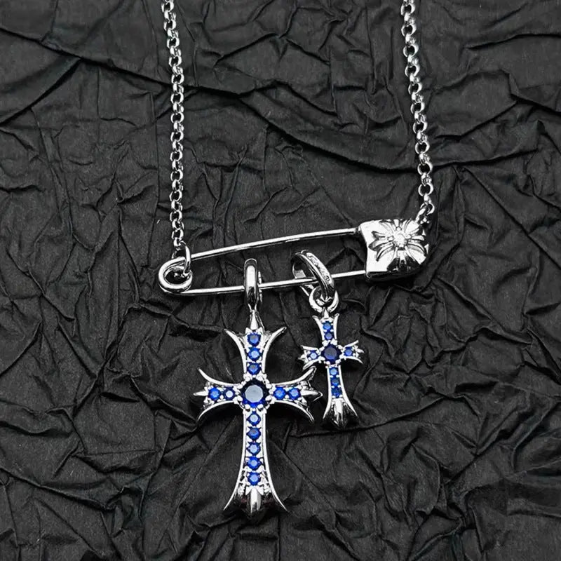 925 Silver Plated White Gold Rhinestone Pin Double Cross Pendant Necklace for Men and Women, European and American Style, Unique Design, High-End Look eprolo