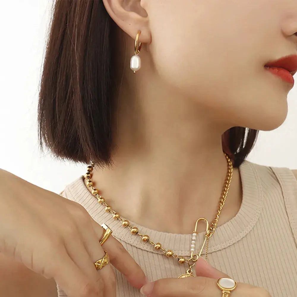 Retro earrings freshwater pearl ring earrings titanium steel 18K plated with real gold jewelry eprolo