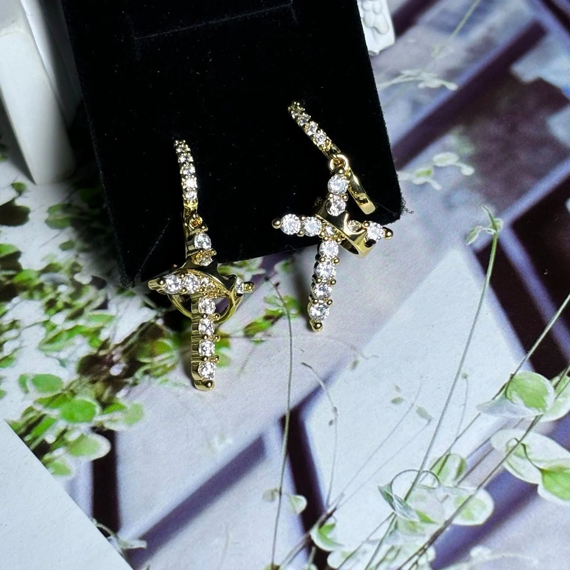 Rotating Crown Cross Earrings Set with Zircon eprolo