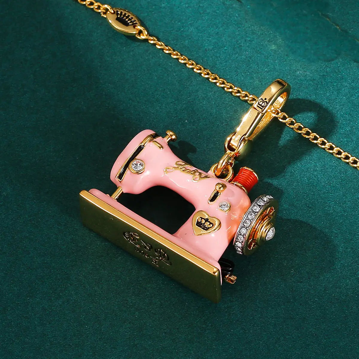 Enamel Three Dimensional Butterfly Knot Pink Sewing Machine Pendant Necklace eprolo