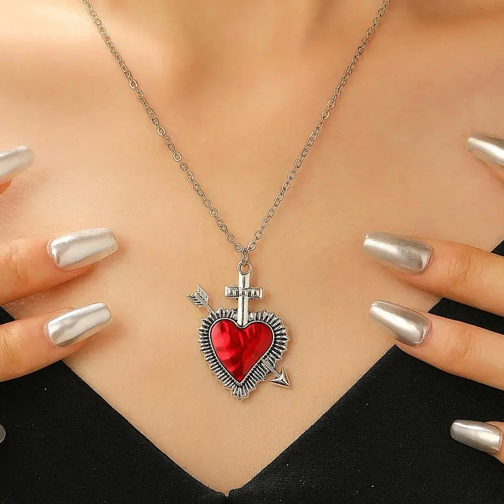 New Heart and Sword Necklace Punk Vintage Red Crystal Heart Couple Necklaces for Women Men Boyfriend Girlfriend Gifts eprolo
