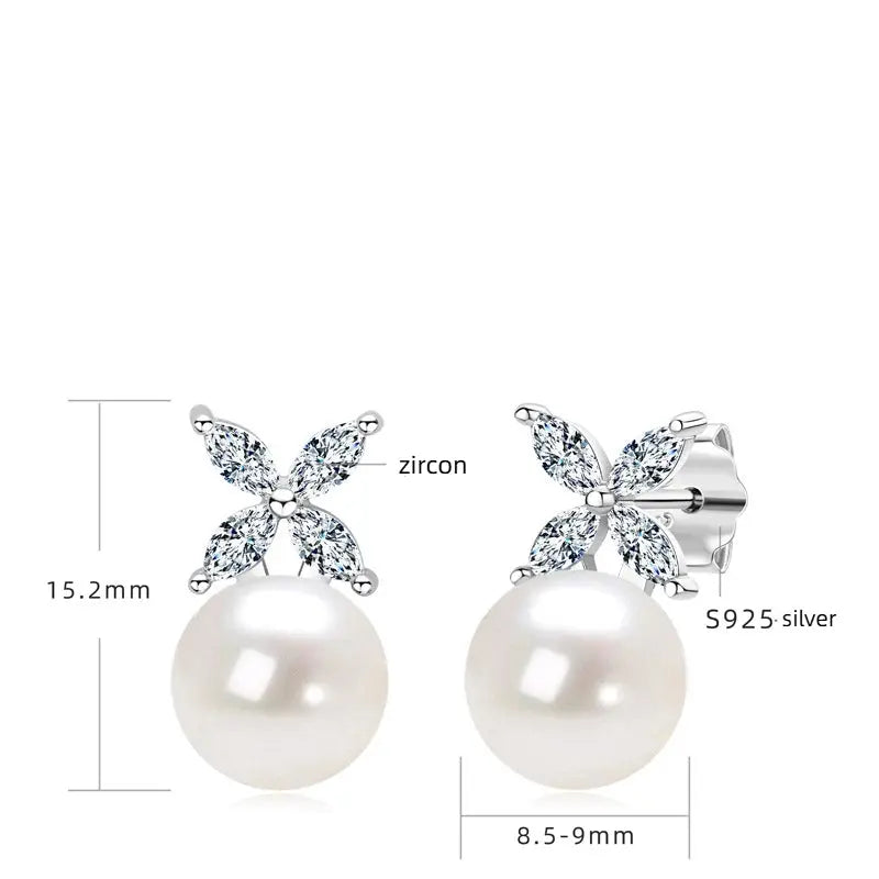 Fashionable freshwater pearl earrings s925 pure silver round strong light bulb earrings eprolo