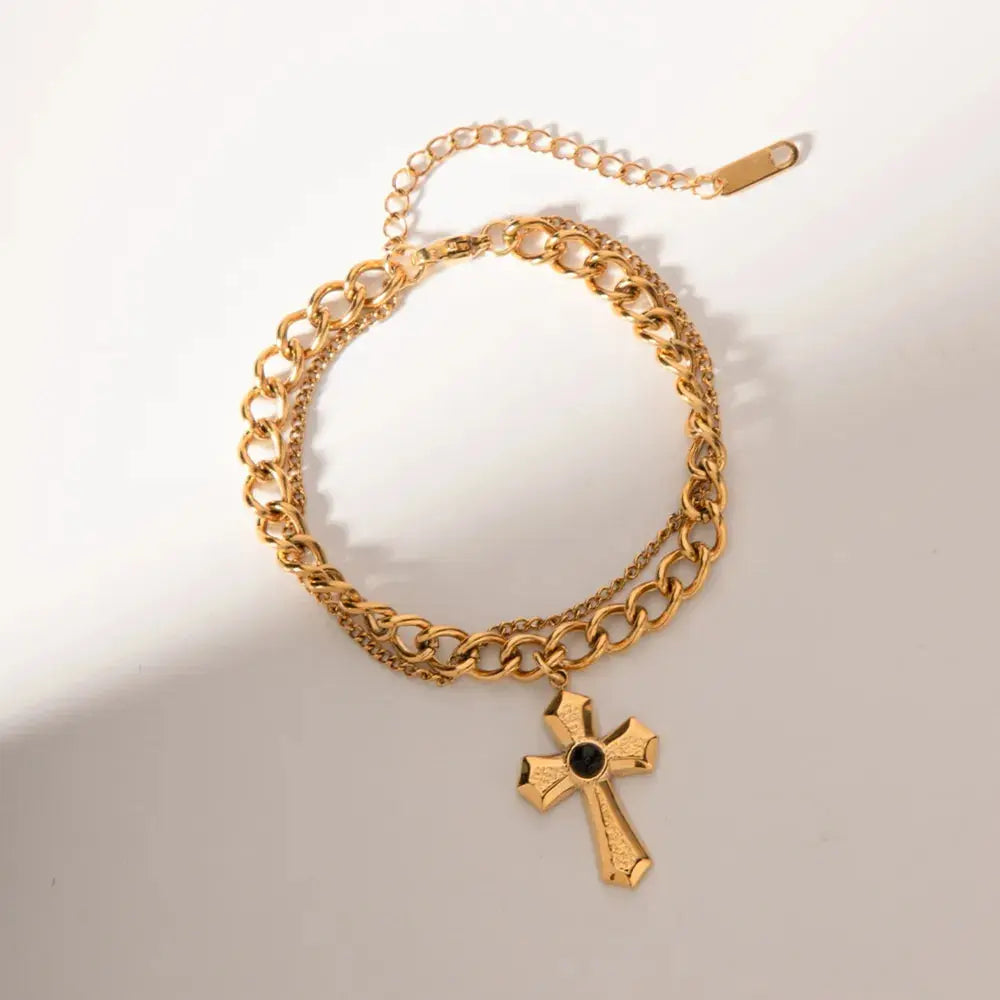 Stainless Steel Imitation Gemstone Cross Shape Pendant Bracelet eprolo