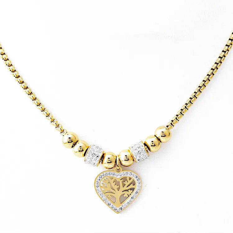 European and American Style Titanium Steel Heart Tree of Life Rhinestone Necklace for Women Simple Love Charm Jewelry eprolo