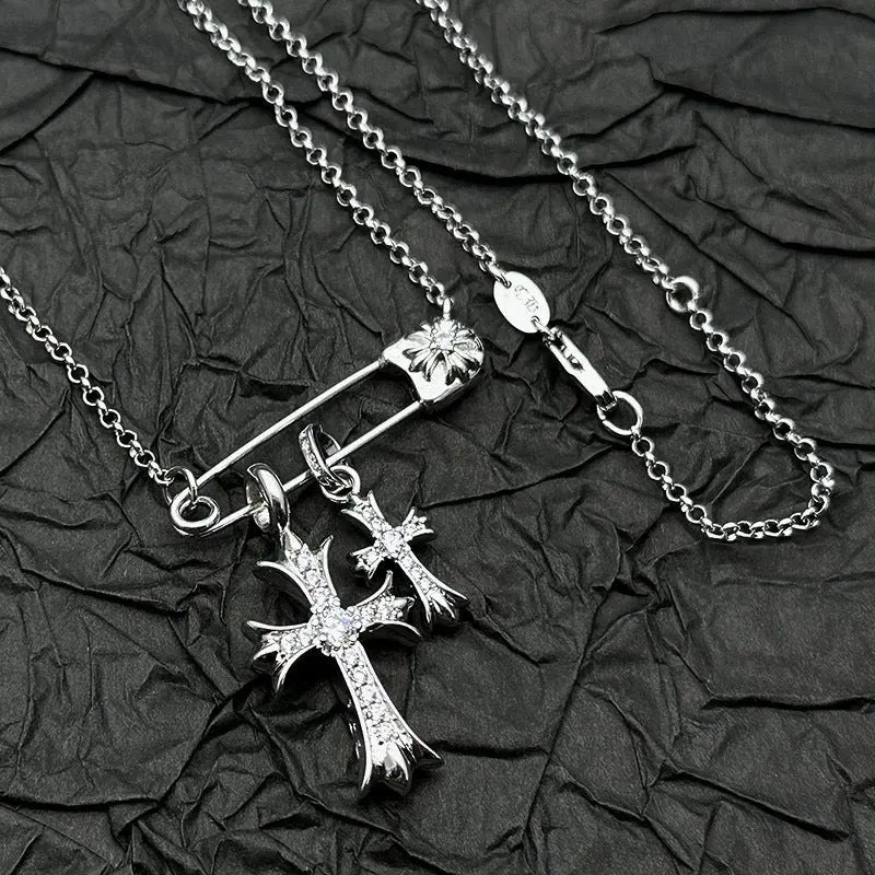 925 Silver Plated White Gold Rhinestone Pin Double Cross Pendant Necklace for Men and Women, European and American Style, Unique Design, High-End Look eprolo