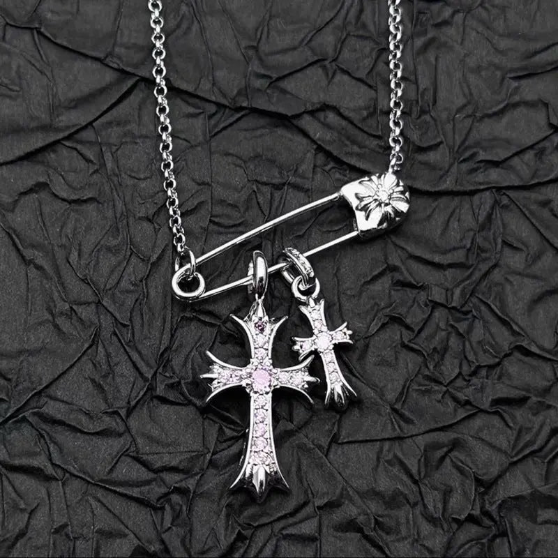 925 Silver Plated White Gold Rhinestone Pin Double Cross Pendant Necklace for Men and Women, European and American Style, Unique Design, High-End Look eprolo