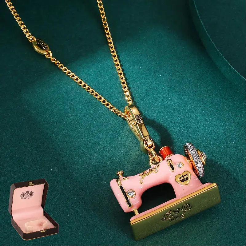 Enamel Three Dimensional Butterfly Knot Pink Sewing Machine Pendant Necklace eprolo