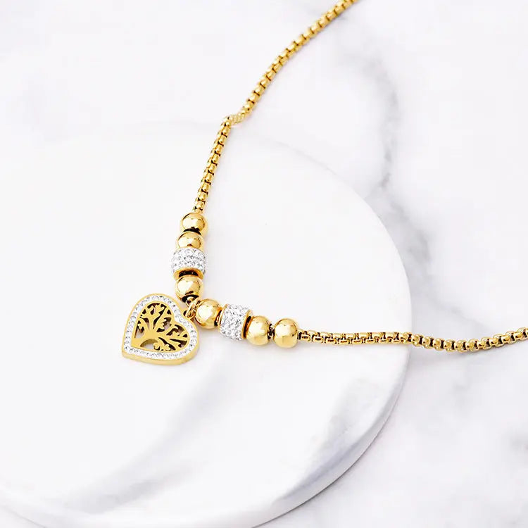 European and American Style Titanium Steel Heart Tree of Life Rhinestone Necklace for Women Simple Love Charm Jewelry eprolo