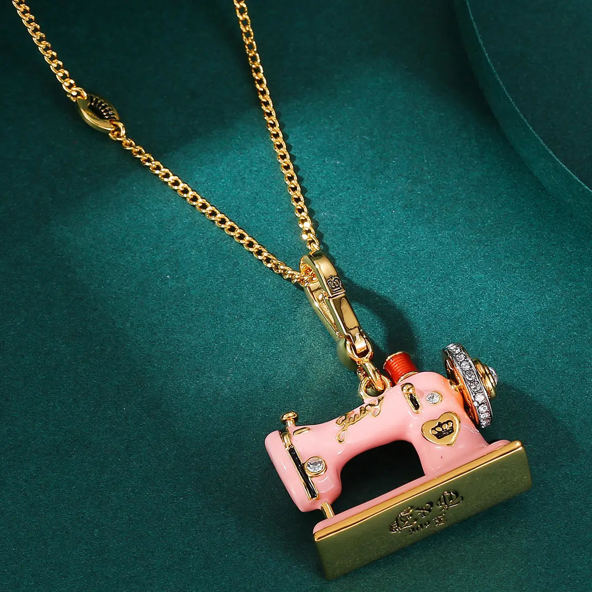 Enamel Three Dimensional Butterfly Knot Pink Sewing Machine Pendant Necklace eprolo