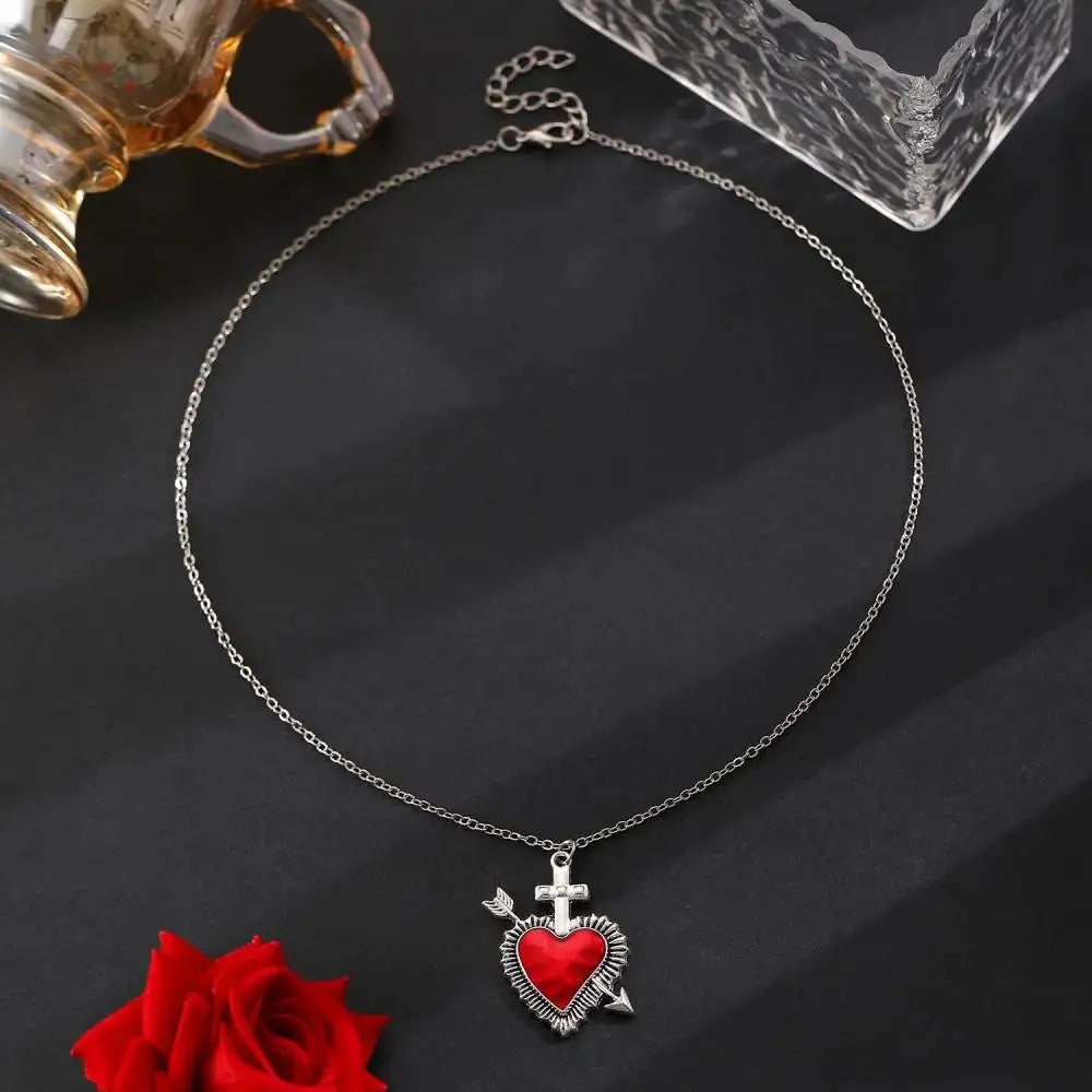 New Heart and Sword Necklace Punk Vintage Red Crystal Heart Couple Necklaces for Women Men Boyfriend Girlfriend Gifts eprolo