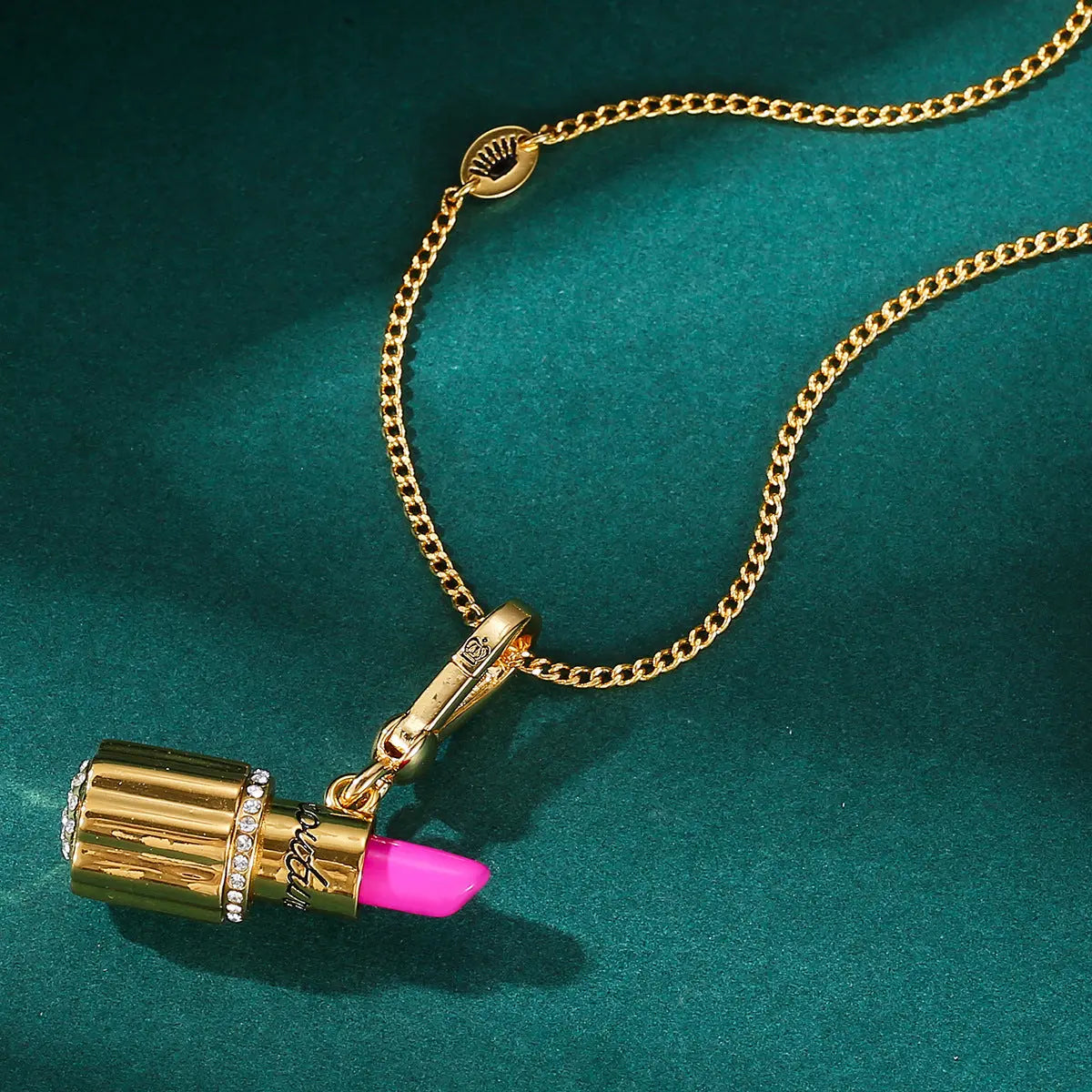 Enamel glazed diamond studded metal letters Barbie pink lipstick rotatable pendant necklace eprolo
