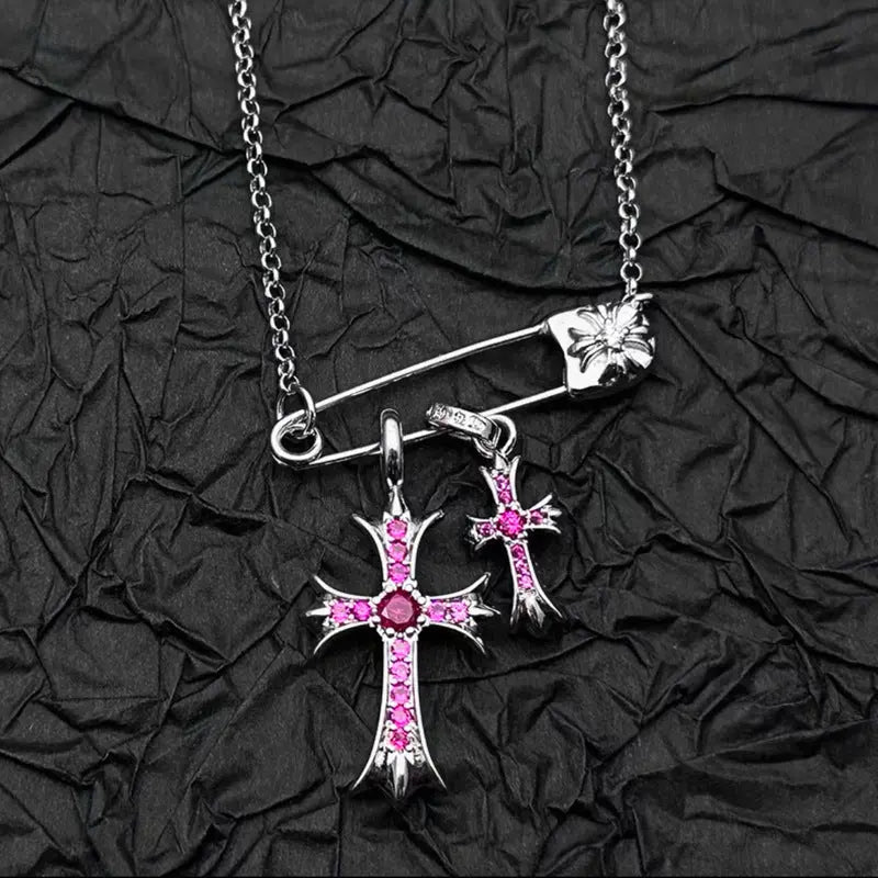 925 Silver Plated White Gold Rhinestone Pin Double Cross Pendant Necklace for Men and Women, European and American Style, Unique Design, High-End Look eprolo