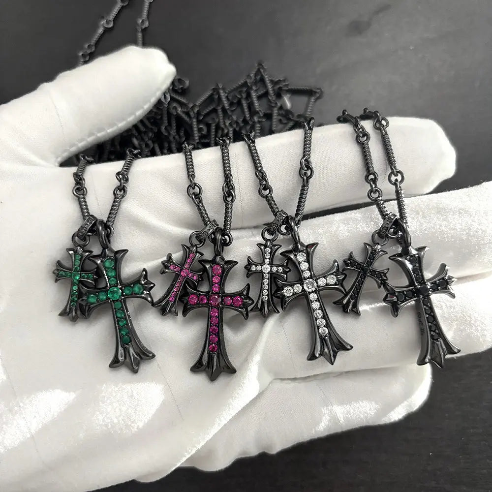 Vintage colored diamond double cross pendant necklace eprolo