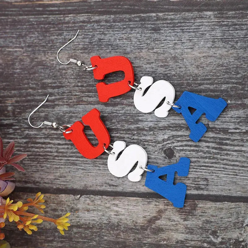 USA Wooden Letter Dangle Earrings eprolo