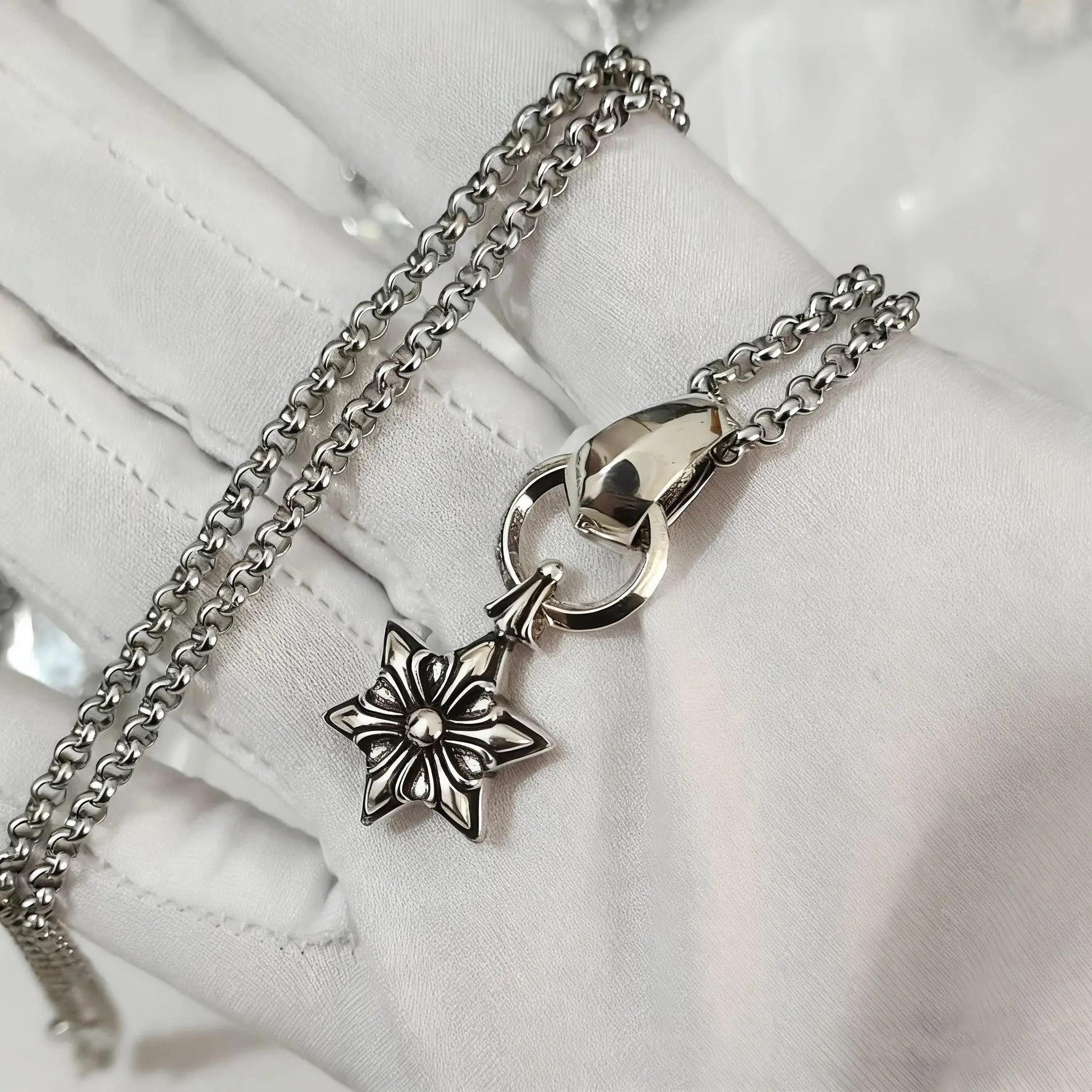 Cross necklace hexagonal star sword boat anchor pendant paired with letter flame pearl chain ﻿