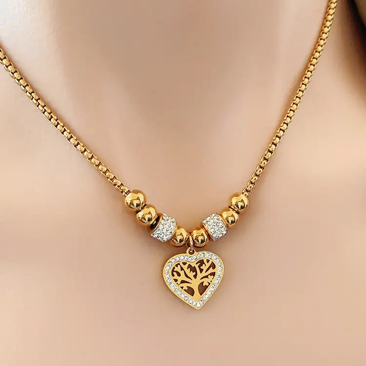 European and American Style Titanium Steel Heart Tree of Life Rhinestone Necklace for Women Simple Love Charm Jewelry eprolo