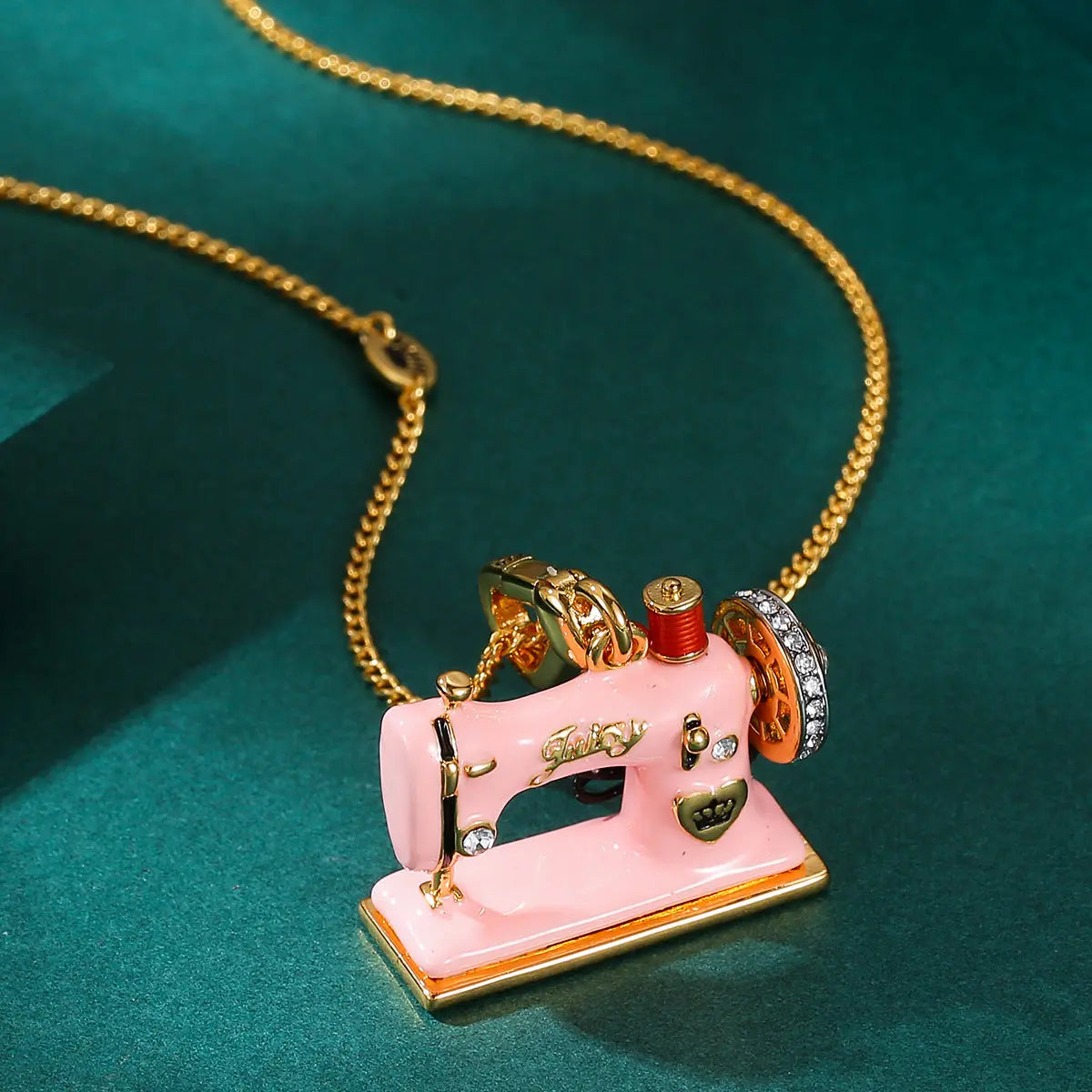 Enamel Three Dimensional Butterfly Knot Pink Sewing Machine Pendant Necklace eprolo