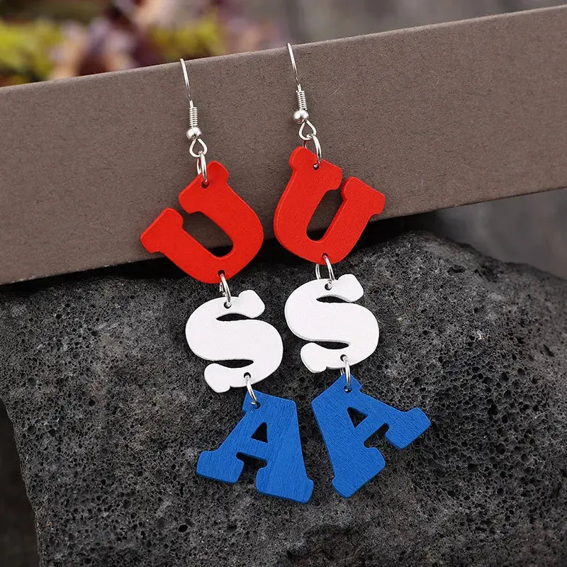 USA Wooden Letter Dangle Earrings eprolo