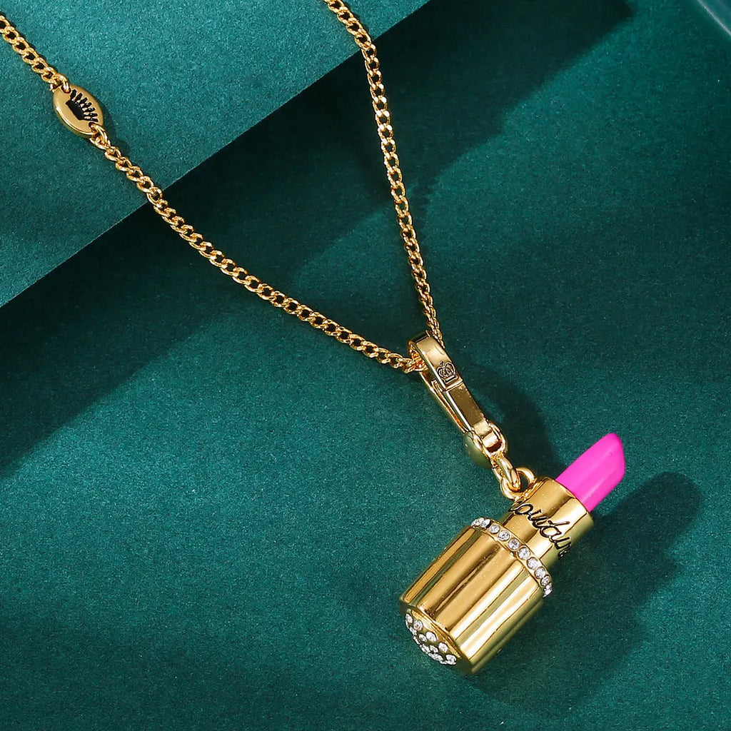 Enamel glazed diamond studded metal letters Barbie pink lipstick rotatable pendant necklace eprolo