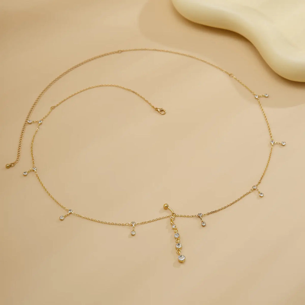 Sexy rhinestone puncture navel nail waist chain, sweet and cool summer body chain eprolo
