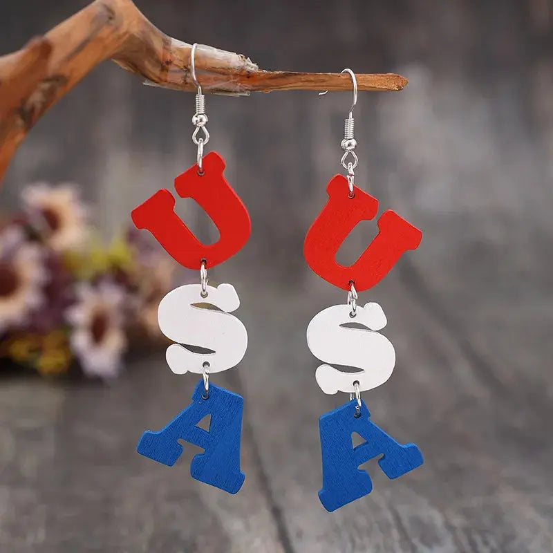 USA Wooden Letter Dangle Earrings eprolo