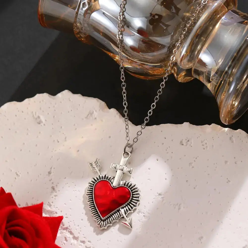 New Heart and Sword Necklace Punk Vintage Red Crystal Heart Couple Necklaces for Women Men Boyfriend Girlfriend Gifts eprolo