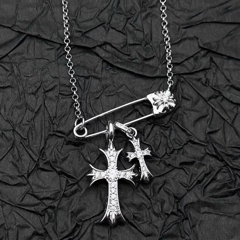 925 Silver Plated White Gold Rhinestone Pin Double Cross Pendant Necklace for Men and Women, European and American Style, Unique Design, High-End Look eprolo