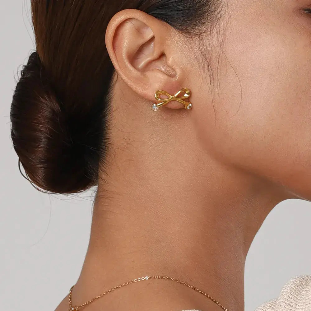 Stainless Steel Inlaid Zircon Bow Earrings eprolo