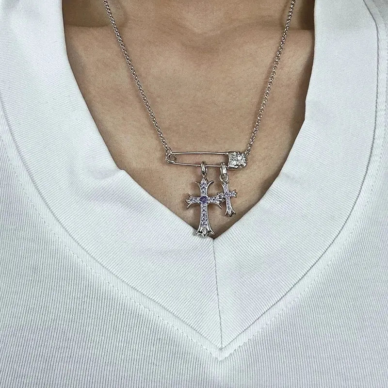 925 Silver Plated White Gold Rhinestone Pin Double Cross Pendant Necklace for Men and Women, European and American Style, Unique Design, High-End Look eprolo
