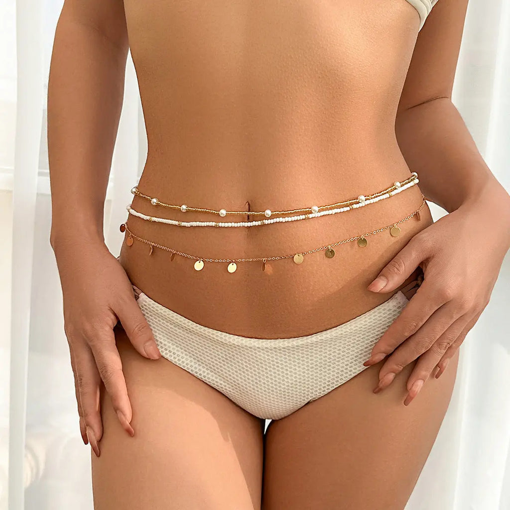 Beach style sexy rice bead multi-layer waist chain cross-border metal sequin bead waist chain eprolo