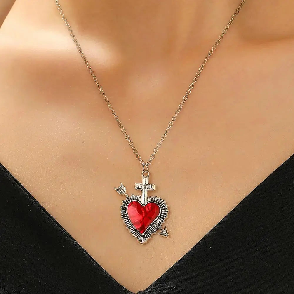 New Heart and Sword Necklace Punk Vintage Red Crystal Heart Couple Necklaces for Women Men Boyfriend Girlfriend Gifts eprolo