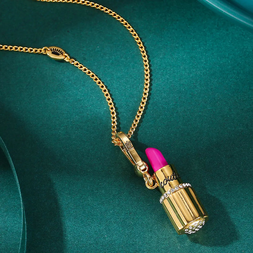 Enamel glazed diamond studded metal letters Barbie pink lipstick rotatable pendant necklace eprolo