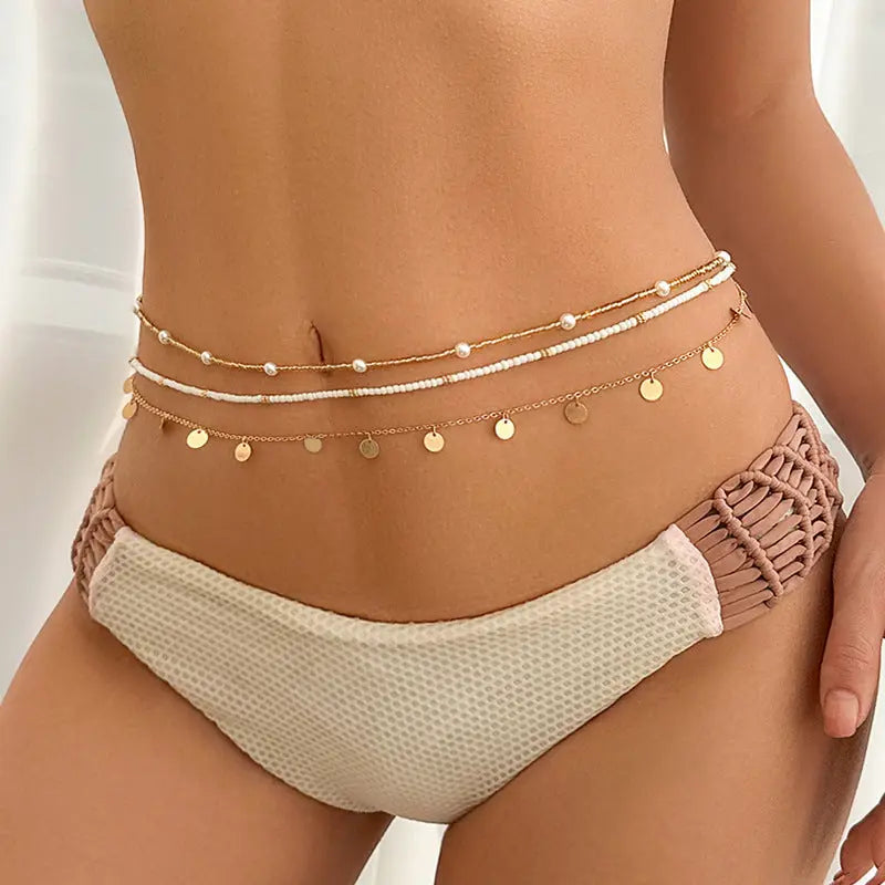 Beach style sexy rice bead multi-layer waist chain cross-border metal sequin bead waist chain eprolo