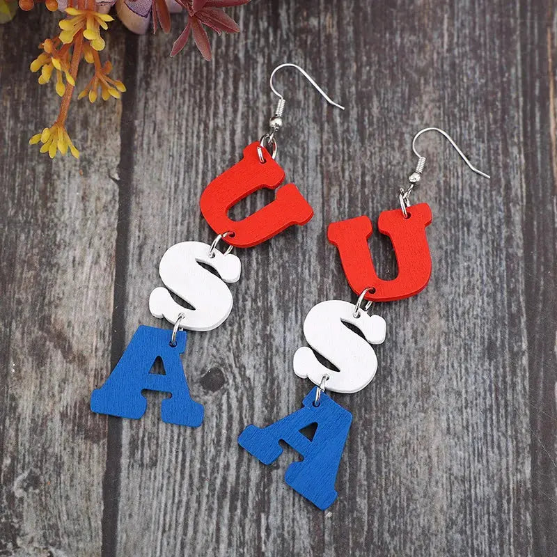 USA Wooden Letter Dangle Earrings eprolo