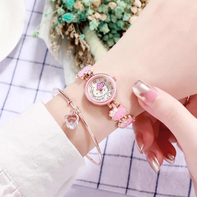 The New KT Cat Watch Women Fashion Cute Children Bracelet Steel Strap Watch Ladies Students Electronic Quartz Watch eprolo