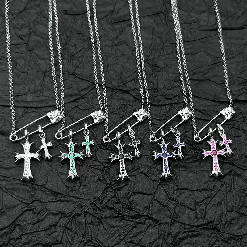 925 Silver Plated White Gold Rhinestone Pin Double Cross Pendant Necklace for Men and Women, European and American Style, Unique Design, High-End Look eprolo