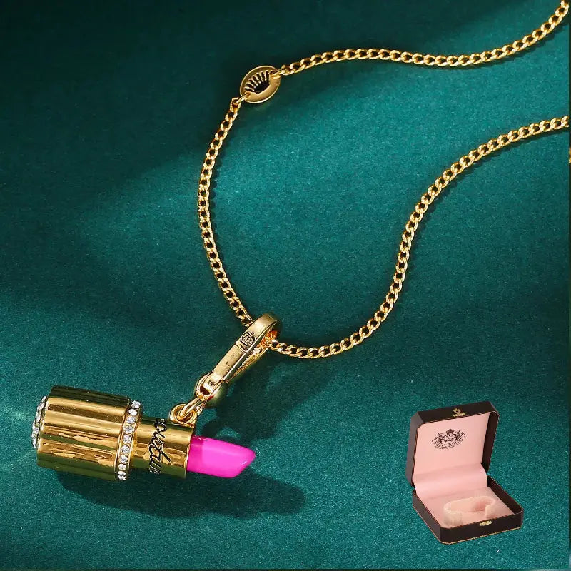 Enamel glazed diamond studded metal letters Barbie pink lipstick rotatable pendant necklace eprolo