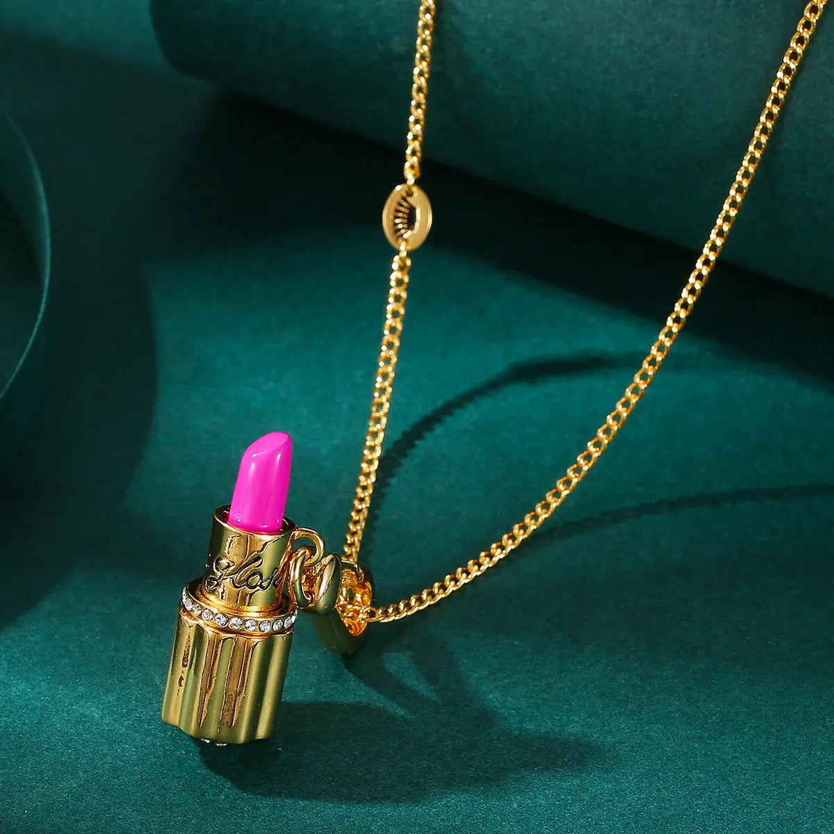 Enamel glazed diamond studded metal letters Barbie pink lipstick rotatable pendant necklace eprolo