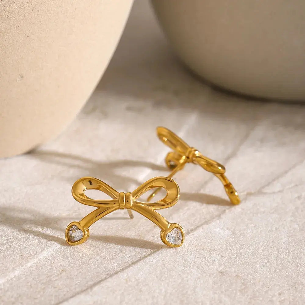 Stainless Steel Inlaid Zircon Bow Earrings eprolo