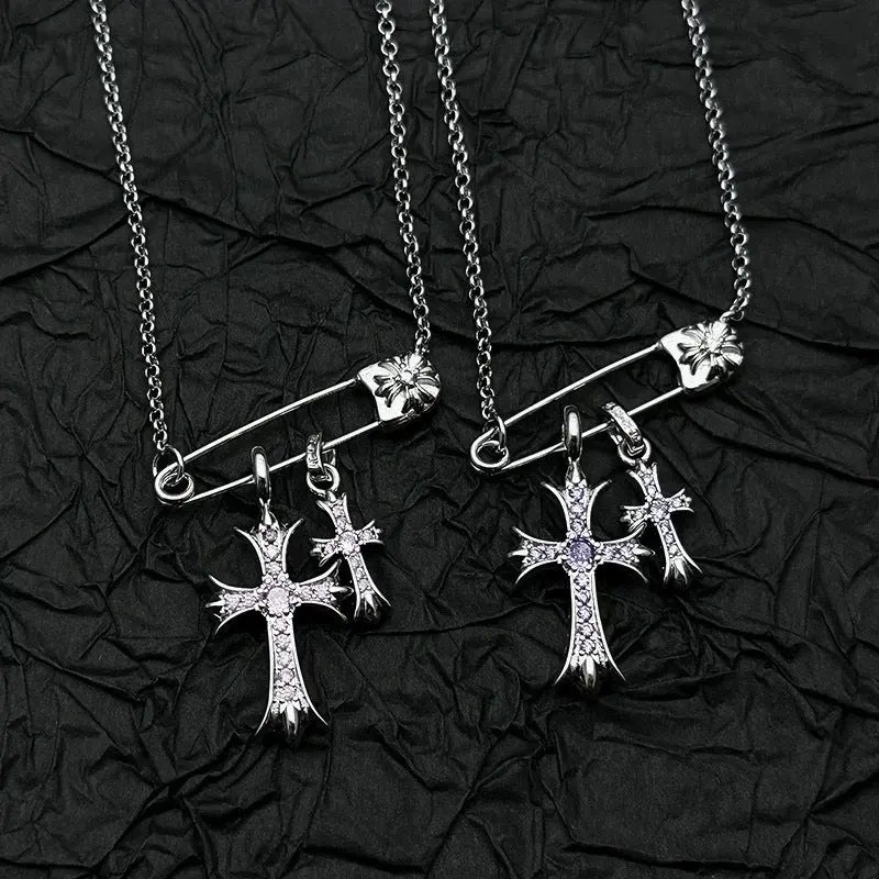 925 Silver Plated White Gold Rhinestone Pin Double Cross Pendant Necklace for Men and Women, European and American Style, Unique Design, High-End Look eprolo