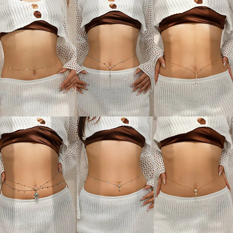 Sexy rhinestone puncture navel nail waist chain, sweet and cool summer body chain eprolo