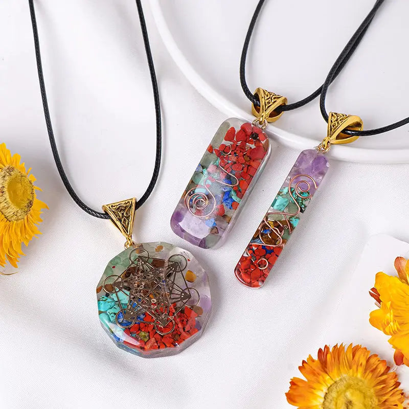 Rainbow Stone Orgone Pendant Dropping Resin Crystal Half Gemstone Necklace Jewelry eprolo