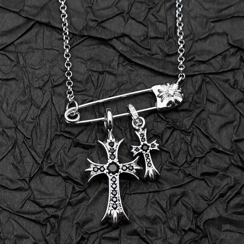 925 Silver Plated White Gold Rhinestone Pin Double Cross Pendant Necklace for Men and Women, European and American Style, Unique Design, High-End Look eprolo