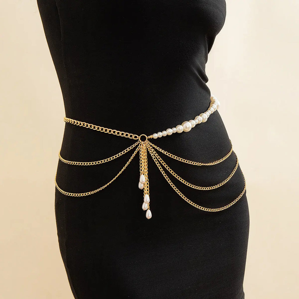 Ins style double-layer pearl retro love bow tassel Waist chain eprolo