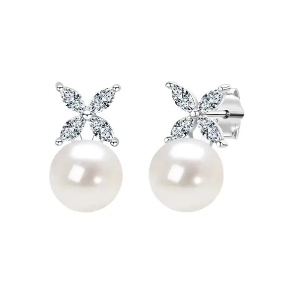 Fashionable freshwater pearl earrings s925 pure silver round strong light bulb earrings