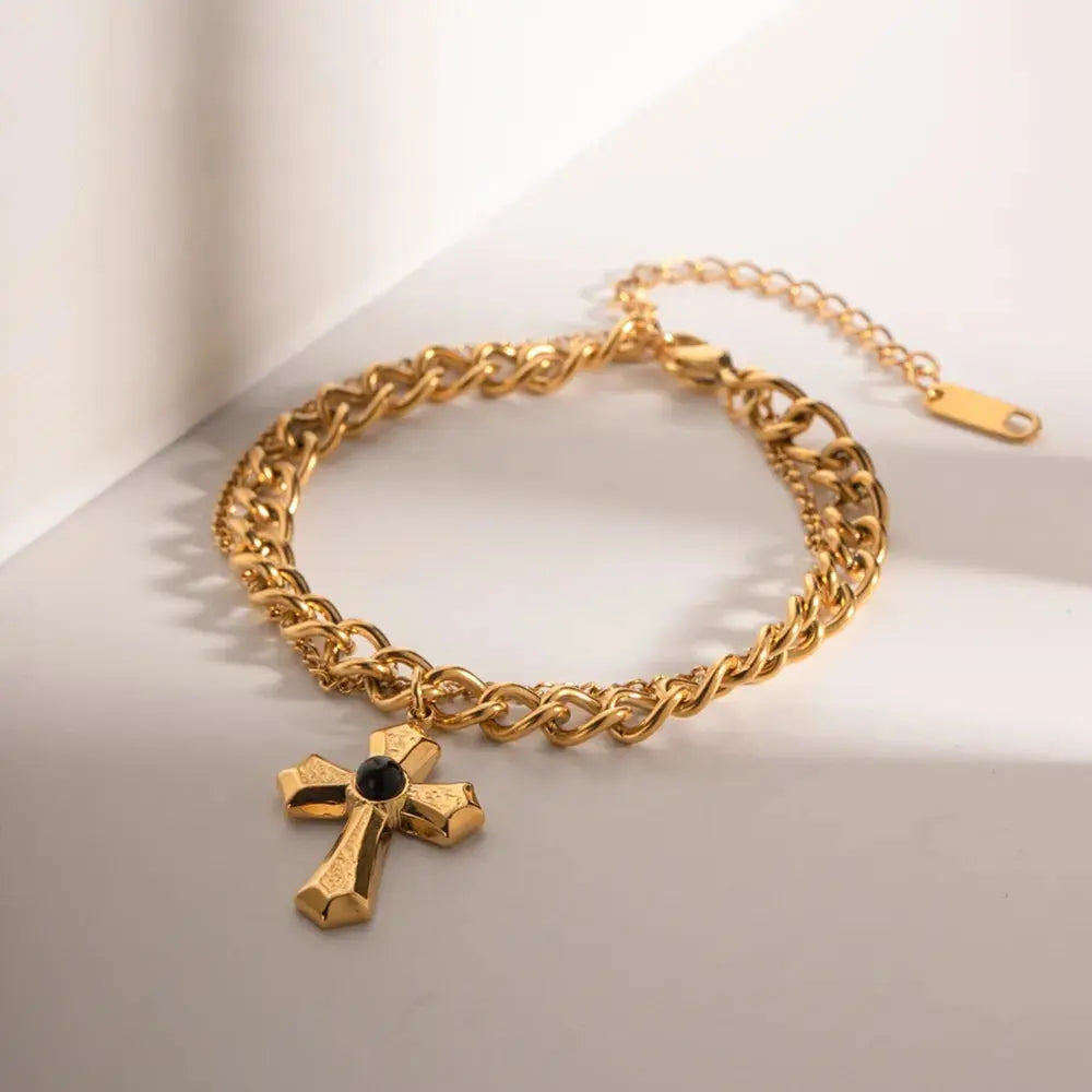 Stainless Steel Imitation Gemstone Cross Shape Pendant Bracelet eprolo