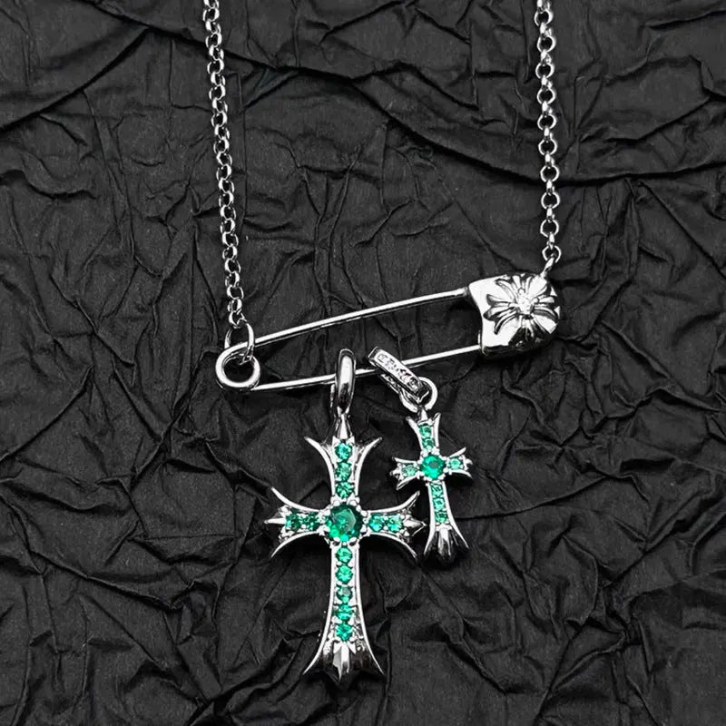 925 Silver Plated White Gold Rhinestone Pin Double Cross Pendant Necklace for Men and Women, European and American Style, Unique Design, High-End Look eprolo